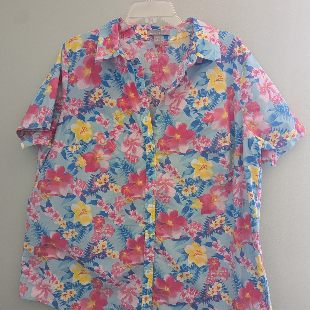 Woman Within Colorful Floral Button Down Shirt